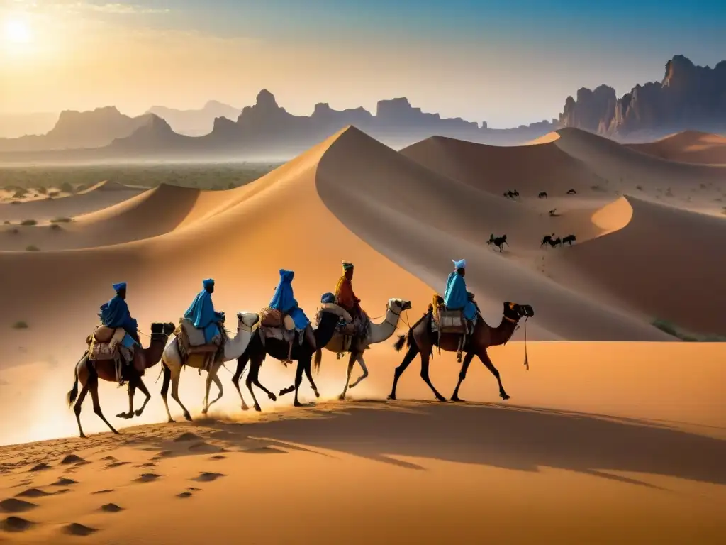 Exploradores Tuareg en caravana a través del Sahara al atardecer durante expediciones precoloniales en África