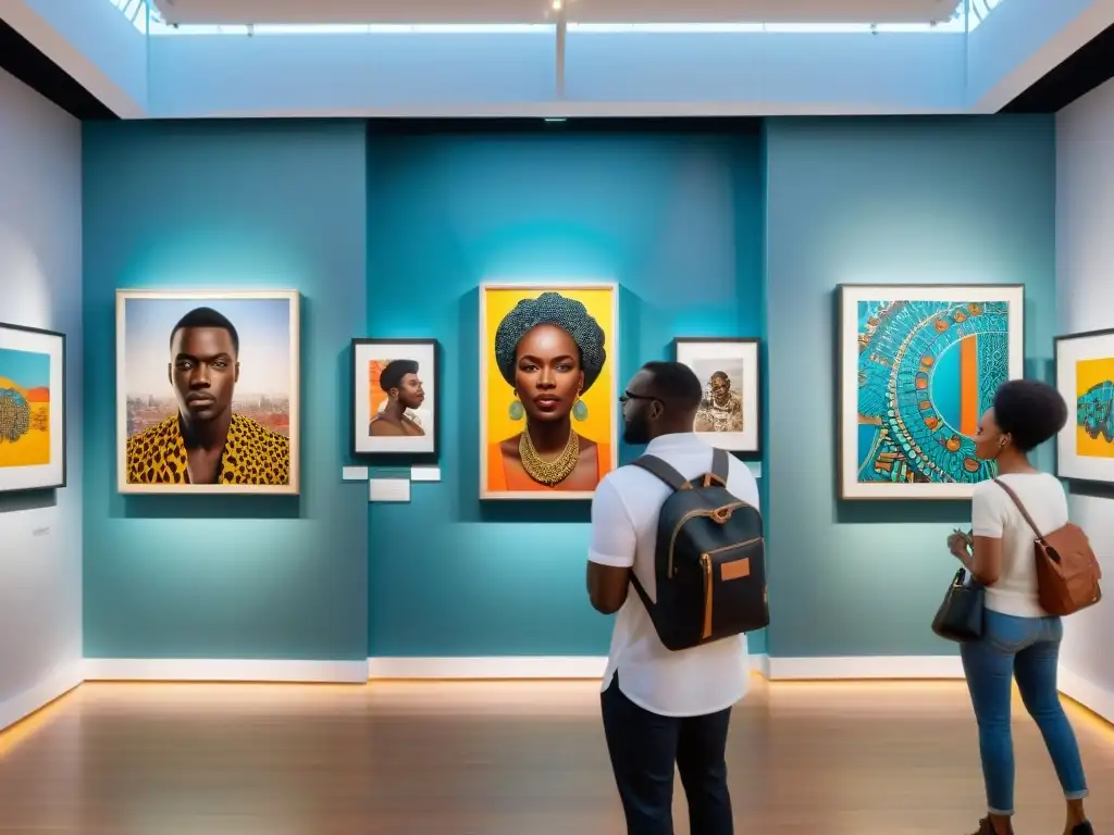 Una exposición de arte africano contemporáneo redefiniendo identidades, llena de color y creatividad con artistas y visitantes diversos