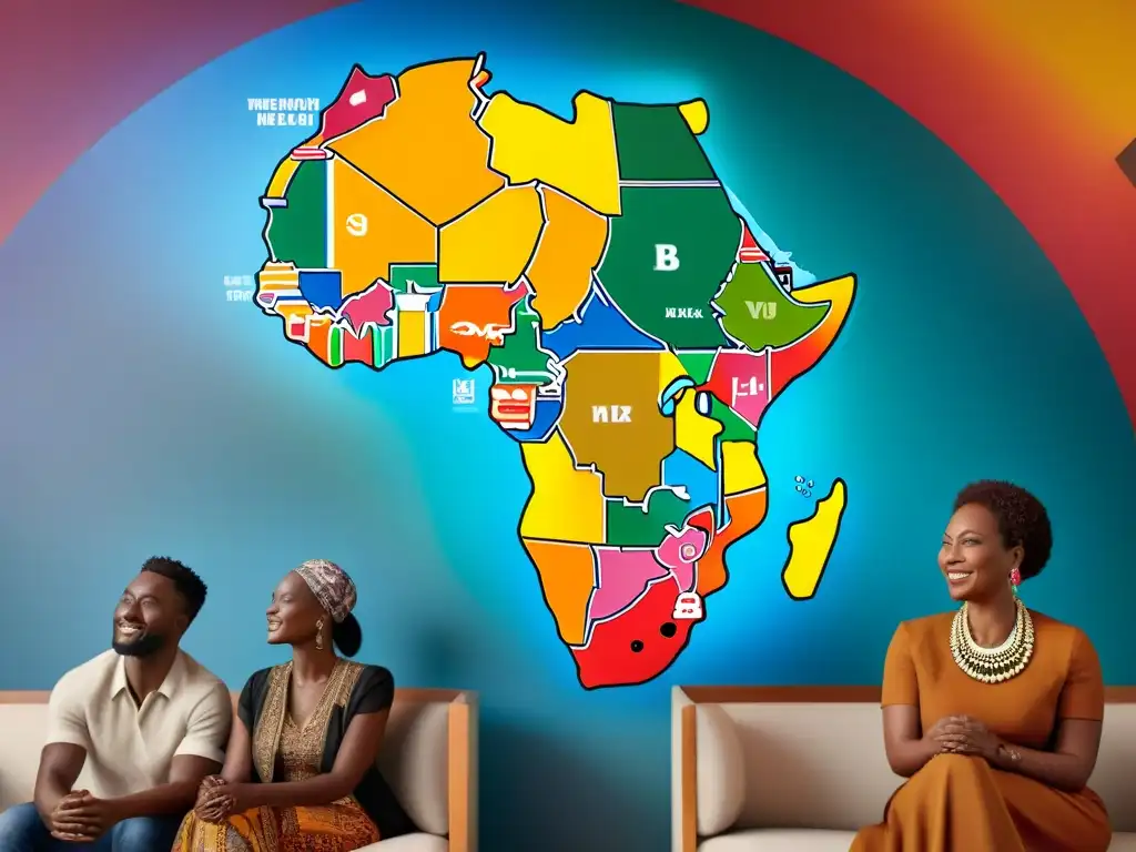 Una exposición del patrimonio africano: personas diversas interactúan con un mapa interactivo de África en un centro comunitario moderno y luminoso