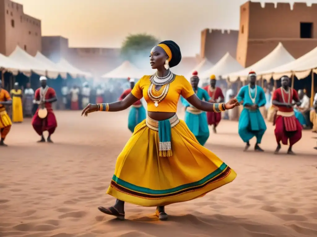 Expresiones artísticas de imperios africanos: Baile tradicional en Mali bajo el atardecer saheliano