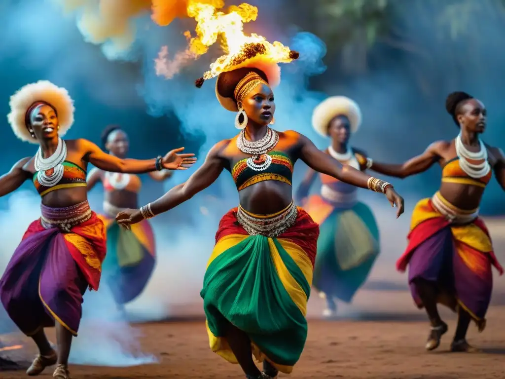 Expresiones espirituales del arte africano: bailarines en vibrante atuendo tradicional danzan alrededor de una fogata bajo el cielo nocturno