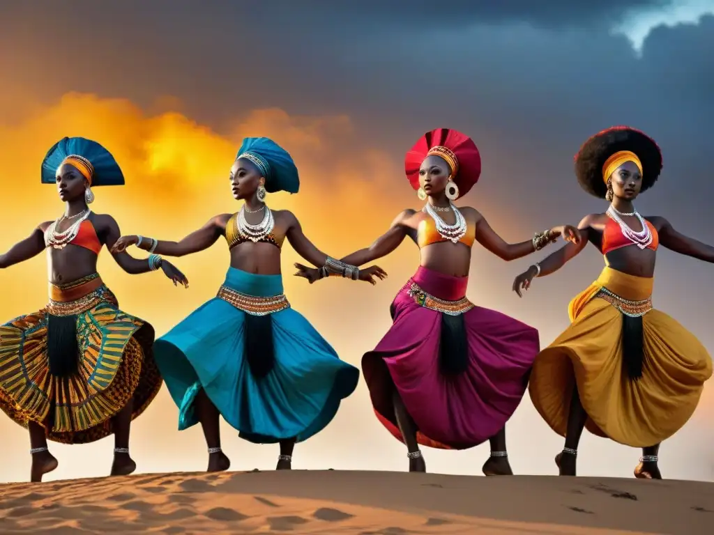 Expresiones espirituales en el arte africano: Grupo de bailarines africanos en vibrantes atuendos tradicionales, danzando al atardecer