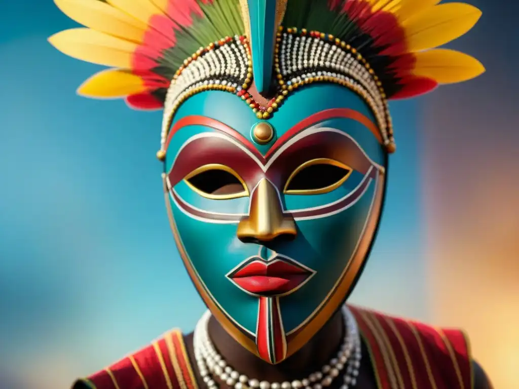 Expresiones espirituales a través del arte africano: Detalle de una colorida máscara africana durante una danza ceremonial