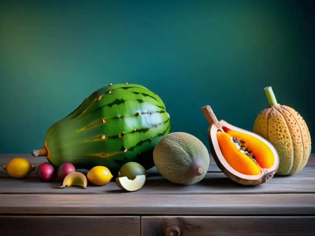 Una exquisita exhibición de frutas africanas exóticas en alta cocina sobre una mesa rústica de madera, iluminadas por luz natural