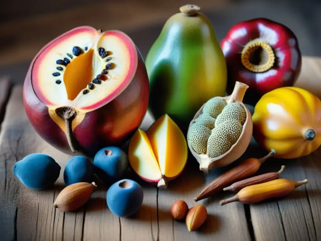 Una exquisita variedad de frutas exóticas africanas, baobab, marula y tamarindo, en una mesa rústica