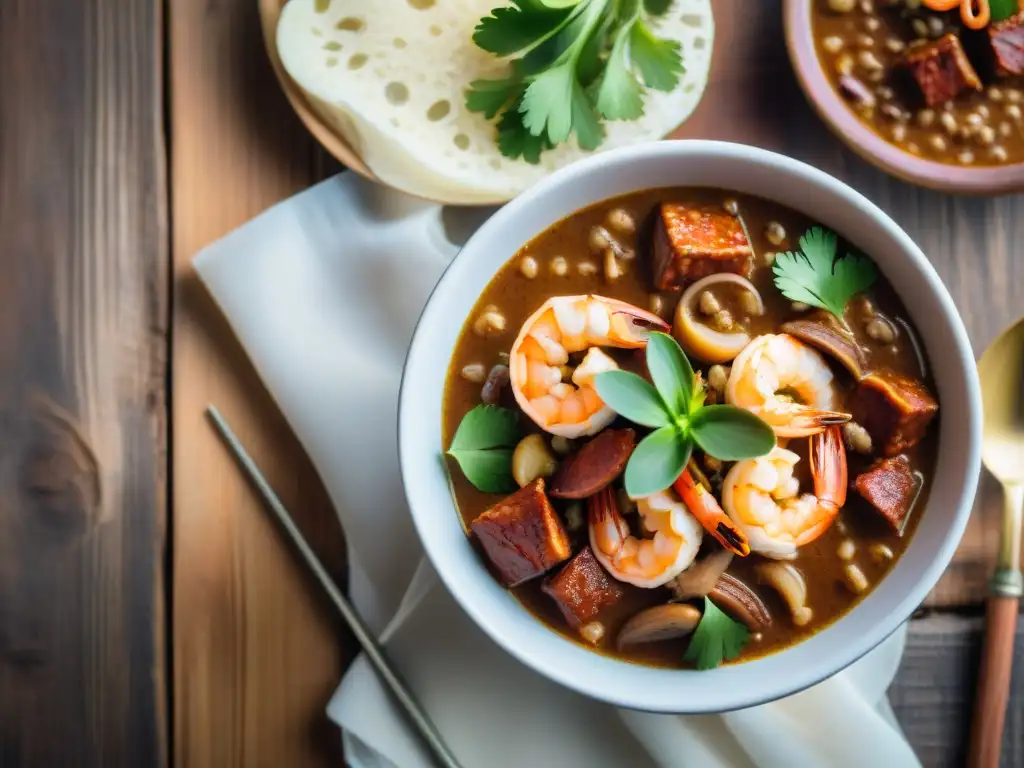 Un exquisito plato de gumbo criollo con camarones y chorizo, reflejando la influencia global de las tradiciones diáspora africana