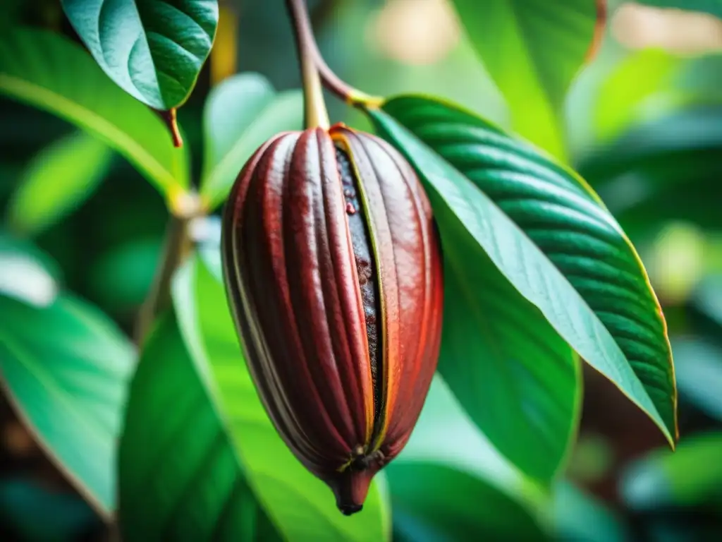 Exuberante cacao africano recién cosechado, con tonos rojos y verdes, mostrando beneficios para la salud cardiovascular