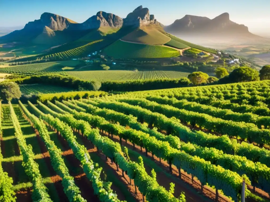 Viñedos exuberantes en colinas de Stellenbosch, Sudáfrica, bañados por el sol dorado