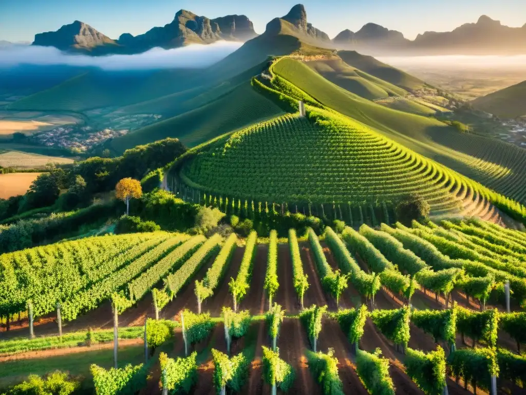 Viñedos exuberantes en Stellenbosch al atardecer, con trabajadores cuidando las uvas