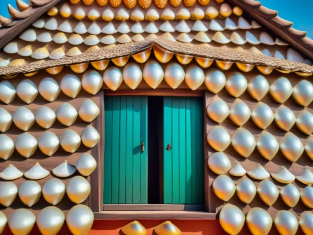 Fachada detallada de casa tradicional de conchas en Benín