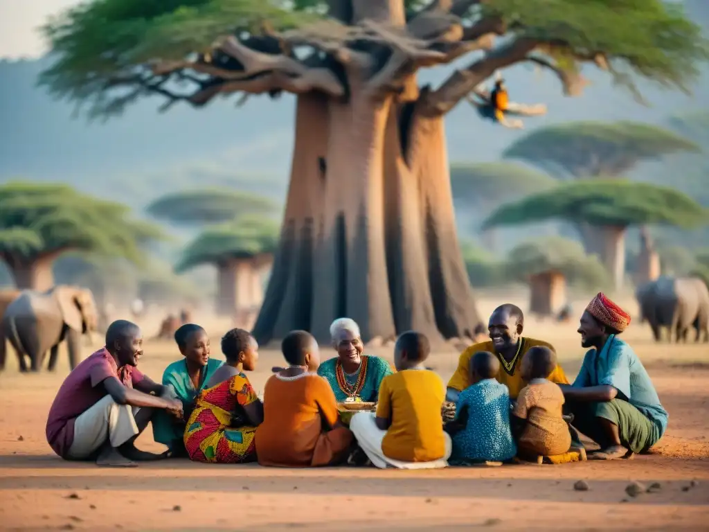 Una familia africana extensa se reúne bajo la sombra de un baobab, mostrando la importancia de la familia extendida en África