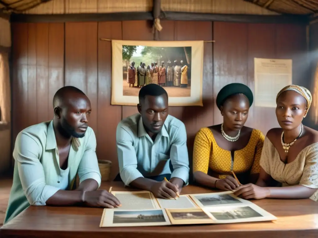 Una familia africana revisa fotos antiguas en una mesa de madera iluminada por el sol