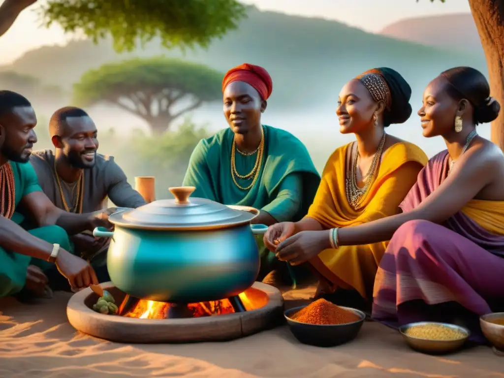 Familia africana preparando guiso bajo un árbol al atardecer