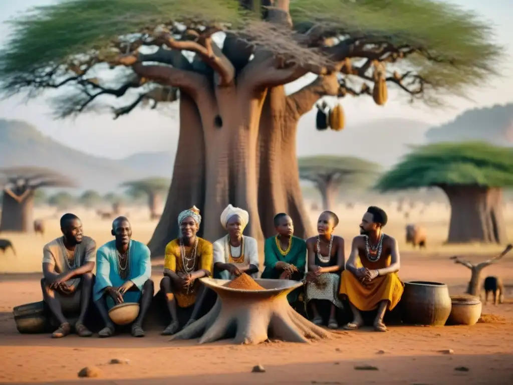 Una familia africana reunida bajo un Baobab, mostrando la importancia de la familia extendida en múltiples generaciones