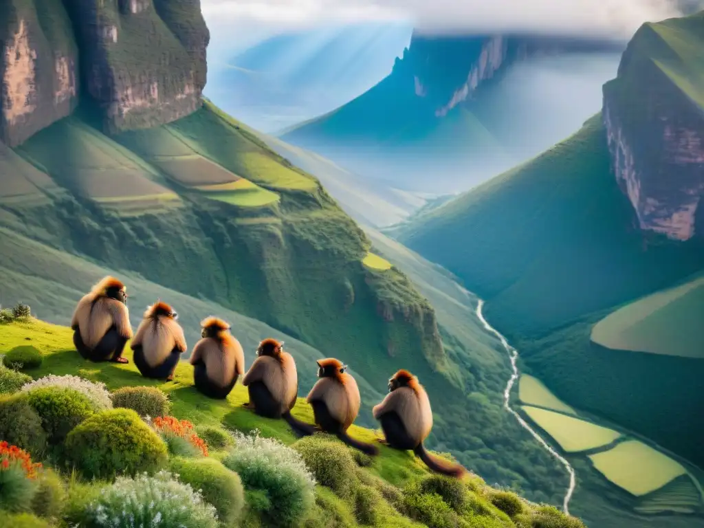 Familia de monos Gelada explorando en acantilado de Montañas Simien, maravillas naturales diversidad