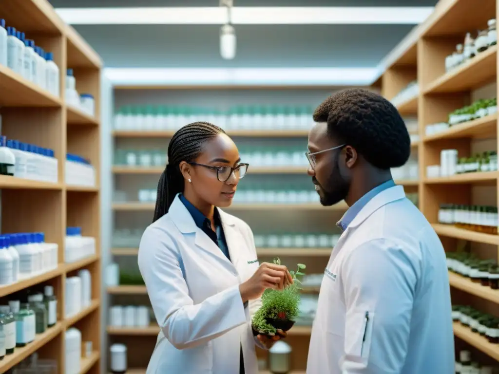 Farmacopea africana: científicos colaboran en laboratorio moderno con plantas medicinales africanas y equipamiento farmacéutico