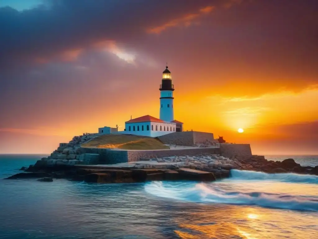 El faro antiguo de Alejandría se alza majestuoso contra un atardecer vibrante, destacando su influencia en la historia