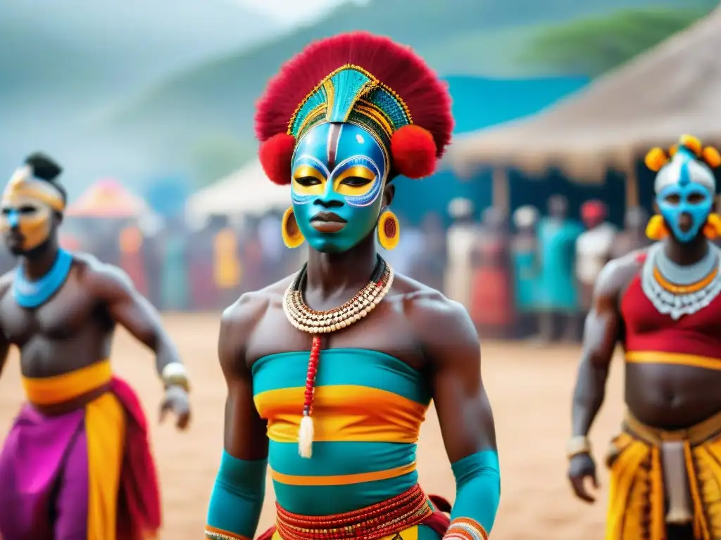 Fascinante danza de máscaras en África, con coloridos atuendos y máscaras tribales en una animada ceremonia de baile en la plaza del pueblo