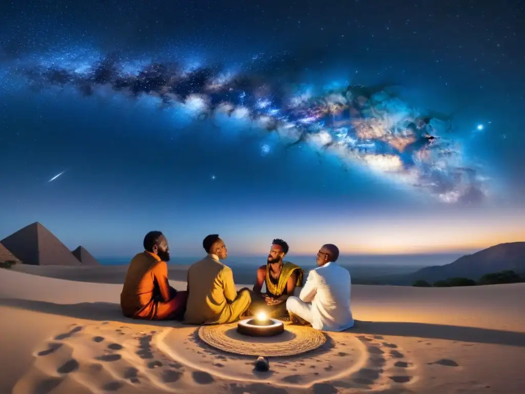 Encuentro estelar: Astrofísicos y líderes espirituales africanos bajo el cielo estrellado Una fascinante reunión bajo el cielo estrellado entre astrofísicos y líderes espirituales africanos, fusionando cosmología antigua y física moderna