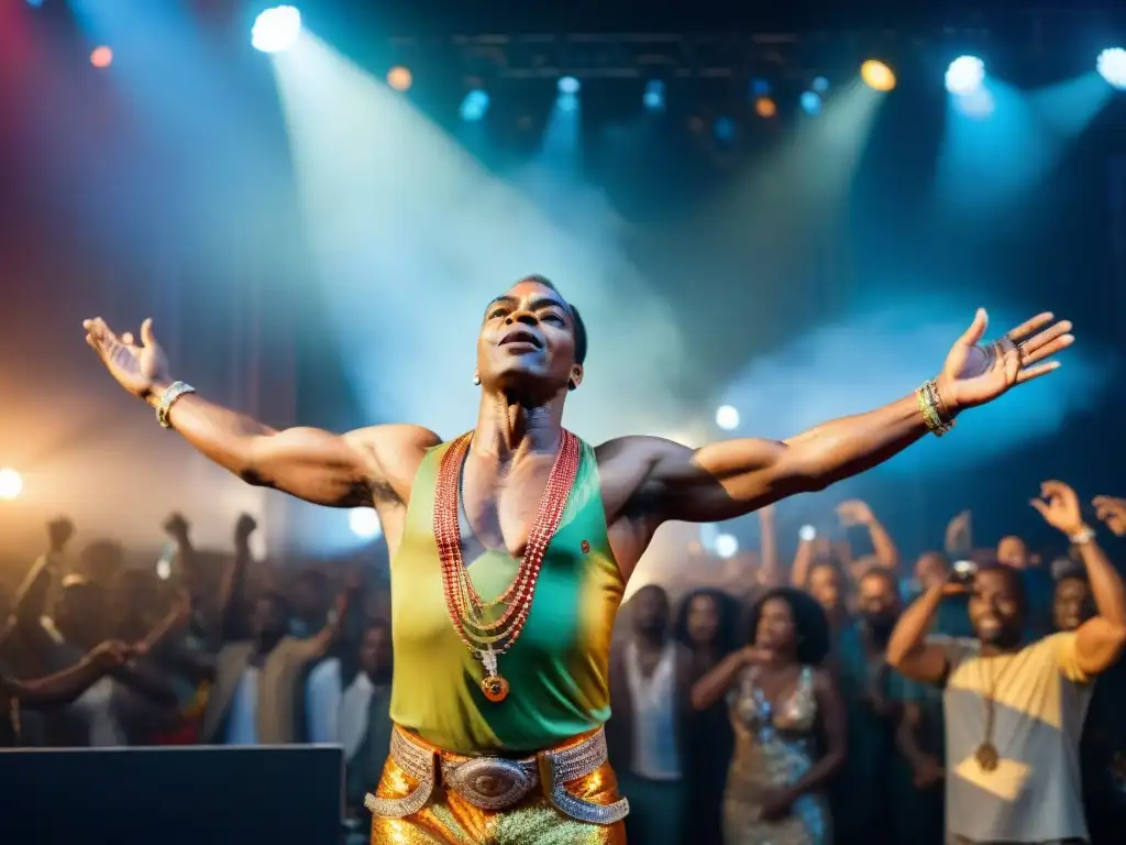 Fela Kuti deslumbra con su afrobeat en un escenario vibrante, su carisma cautiva a todos