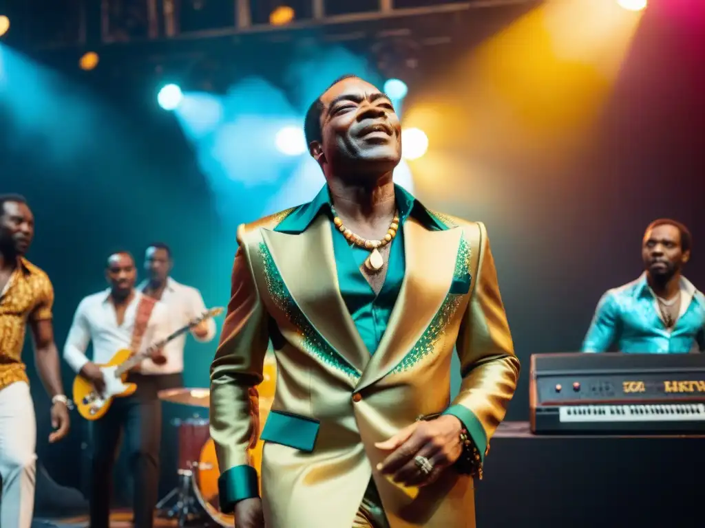 Fela Kuti lidera su banda en un vibrante concierto de Afrobeat: origen, influencia y éxito, con una audiencia envuelta en la energía musical