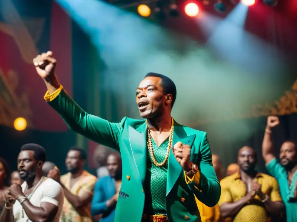 Fela Kuti enérgico en concierto, rodeado de multitud africana unida y colorida, luces vibrantes