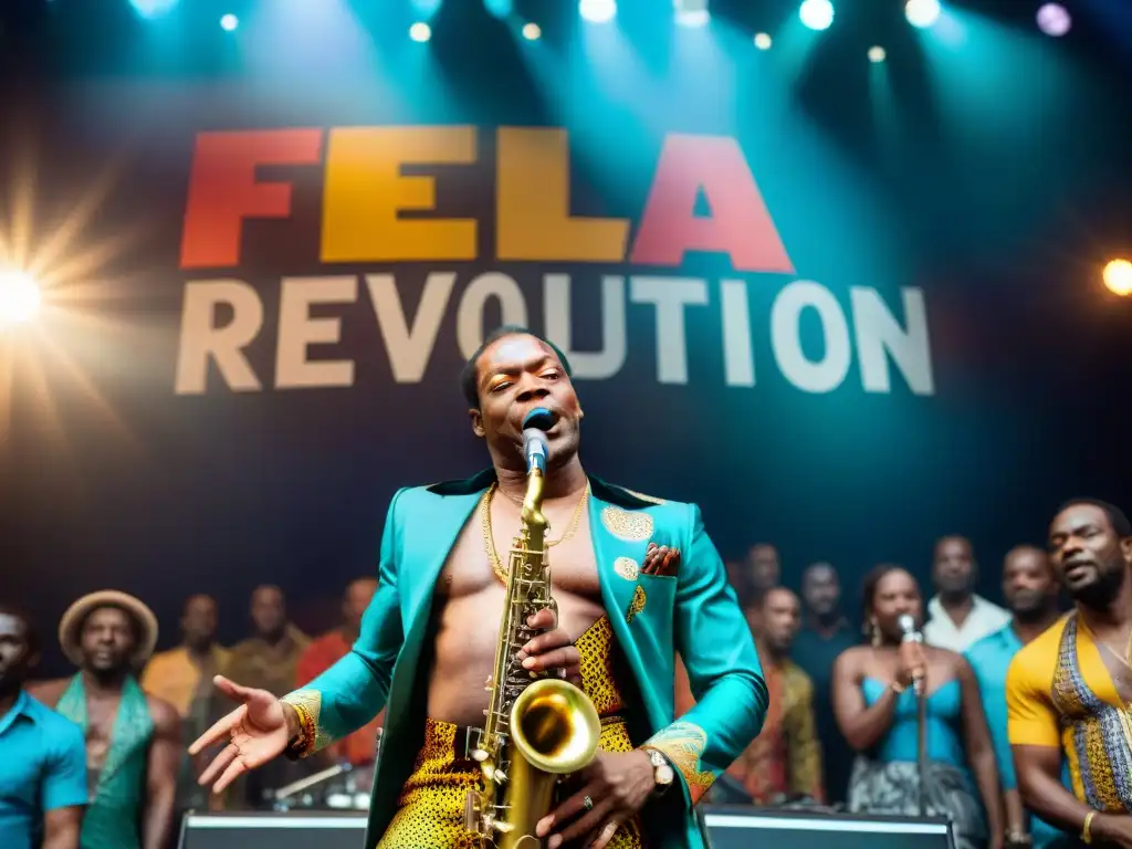 Fela Kuti enérgico tocando el saxofón con pasión en concierto, rodeado de una multitud diversa, telas africanas y pancarta 'Afrobeat Revolution'