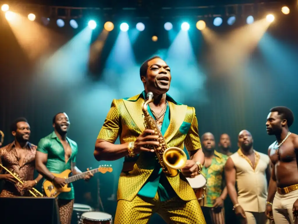 Fela Kuti enérgico, tocando el saxofón rodeado de músicos talentosos, iluminados en el escenario