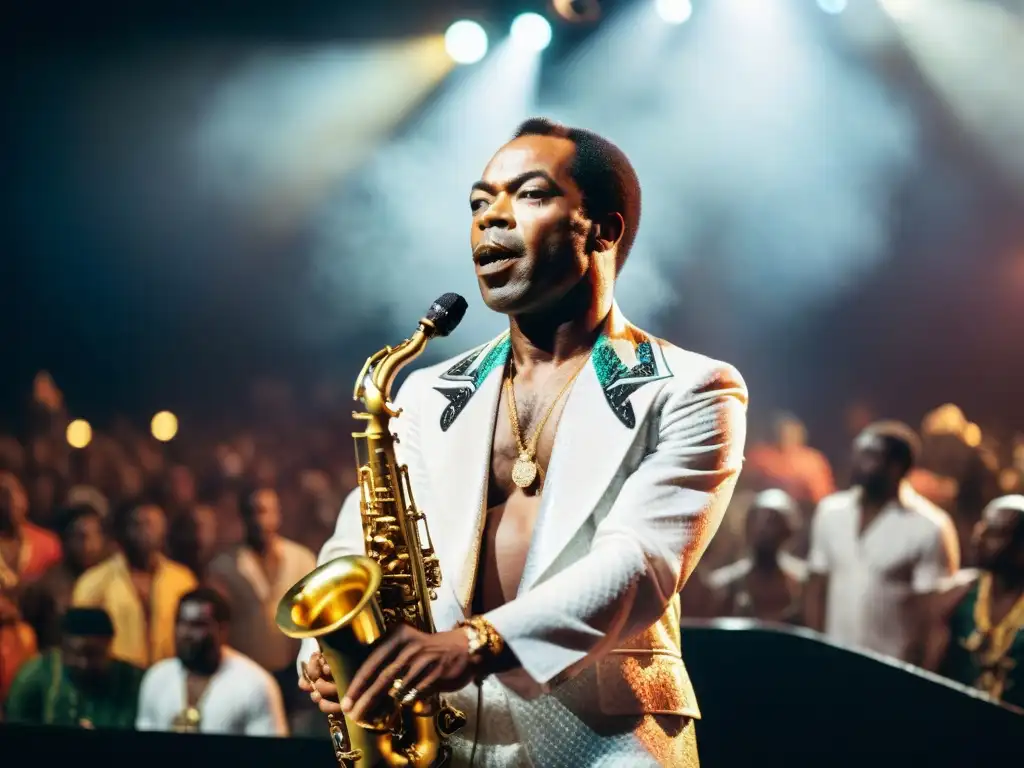 Fela Kuti, el maestro del afrobeat, desbordando energía en el escenario mientras su saxofón hipnotiza a la multitud