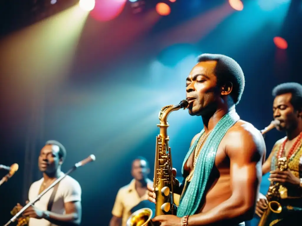 Fela Kuti tocando el saxofón en un escenario en los años 70, rodeado de músicos africanos, creando un potente Afrobeat: origen, influencia y éxito