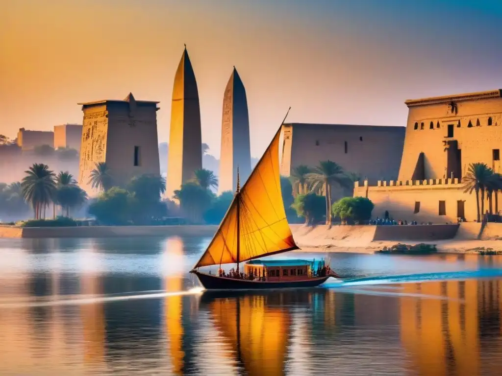 Un felucca navegando en el Nilo al atardecer cerca de Luxor, reflejando la influencia del río Nilo en civilizaciones