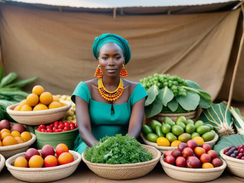 Feria africana llena de coloridas frutas y verduras, reflejando la dieta africana tradicional saludable