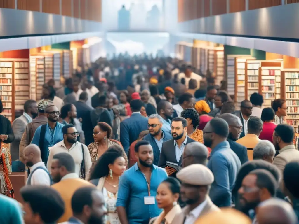 Una feria del libro internacional bulliciosa con gente diversa explorando libros