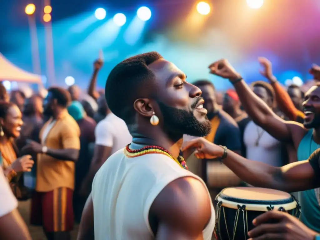 Festival de música africana: Noche estrellada llena de energía y alegría, con músicos apasionados y multitud diversa bailando