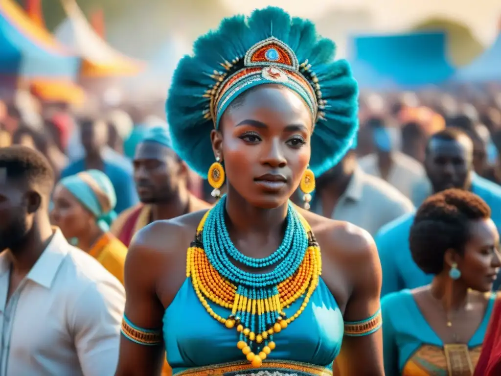 Festival africano vibrante con ropa tradicional, bailes y decoraciones coloridas bajo cielo azul