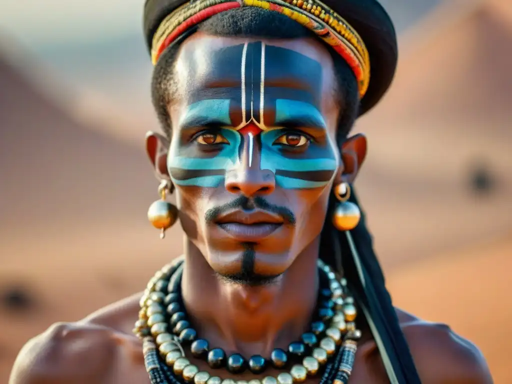 Un Wodaabe en el festival Gerewol del Sahara, con atuendo y maquillaje tradicionales, reflejando determinación