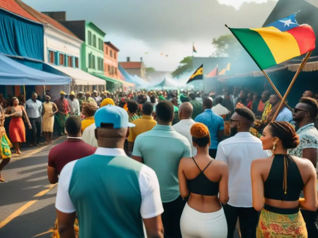 Festival callejero caribeño con influencia de música africana en mundo, bailes y coloridas banderas ondeando sobre la multitud