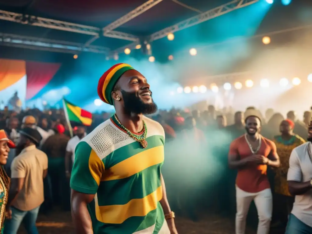 Festival de música reggae en África, con influencia rastafari y vibrantes colores africanos