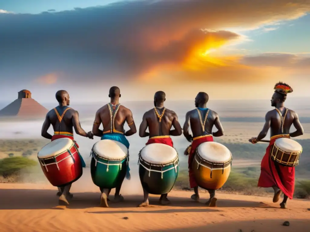 Festivales africanos tradicionales significado cultural: Una vibrante escena de tambores y danzas tradicionales bajo el sol africano