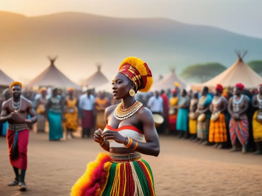 Festivales culturales en África: Escena vibrante con música, danza y tradiciones, bajo un cielo africano lleno de color