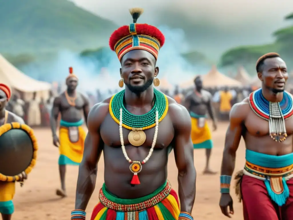 Festivales culturales en África: Celebración vibrante con gente diversa vestida de forma tradicional y decoraciones autóctonas