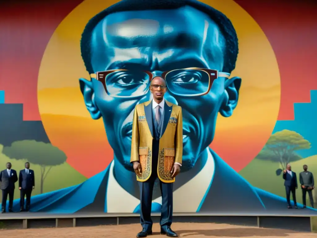 Paul Kagame frente a mural histórico de Rwanda, resaltando la importancia historia civilizaciones africanas