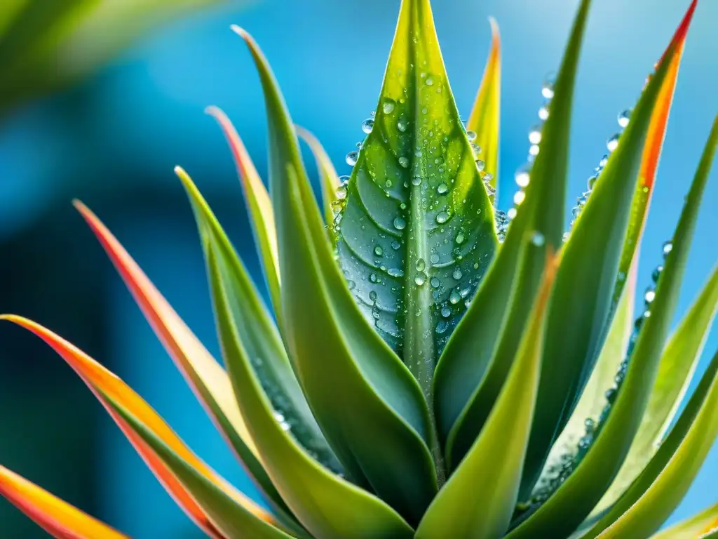 Frescura y vitalidad en una hoja de aloe vera con gotas de agua, mostrando la esencia y beneficios del aloe vera para piel