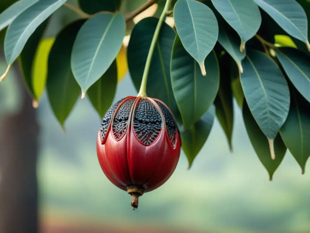 Una fruta madura de Kigelia africana cuelga del árbol, mostrando su forma única y textura rugosa en tono rojizo