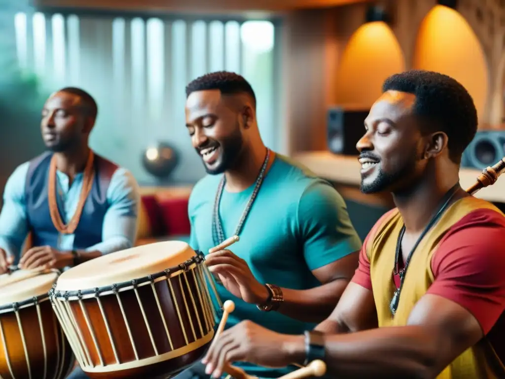 Fusión musical africana: encuentro de músicos tocando instrumentos tradicionales en estudio vibrante, celebrando diversidad cultural