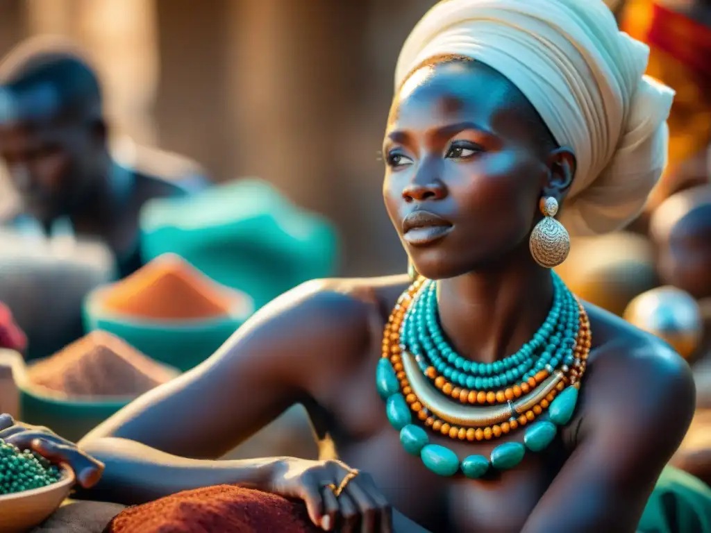 Futuro joyería africana tendencias emergentes: Mercado africano vibrante, artesanos locales y mujeres admirando joyas