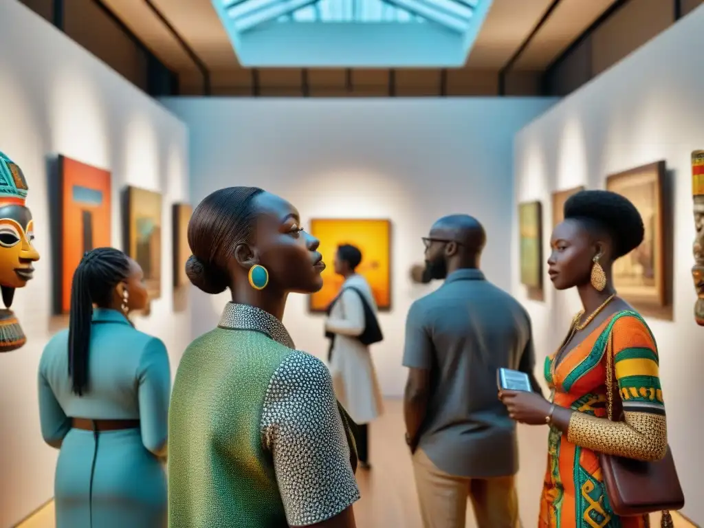 Una galería de arte africano bulliciosa y vibrante, con visitantes admirando esculturas e pinturas coloridas