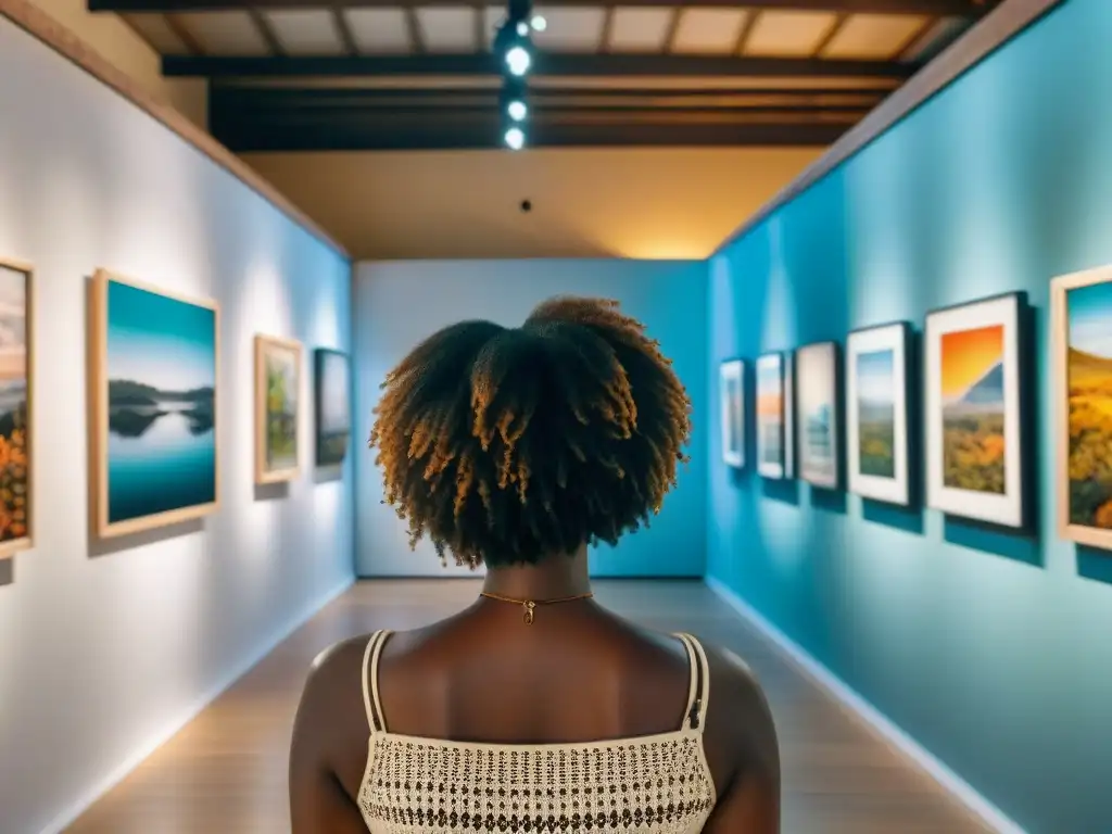 Una galería de arte africano contemporáneo con influencias globales, vibrante y diversa, llena de visitantes admirando obras únicas