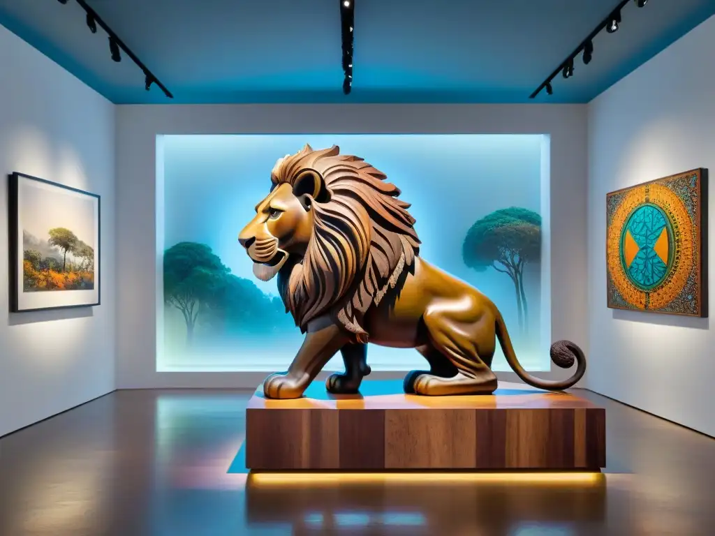 Una galería de arte africano contemporáneo redefiniendo identidades, con vibrantes obras y un majestuoso león esculpido en madera oscura