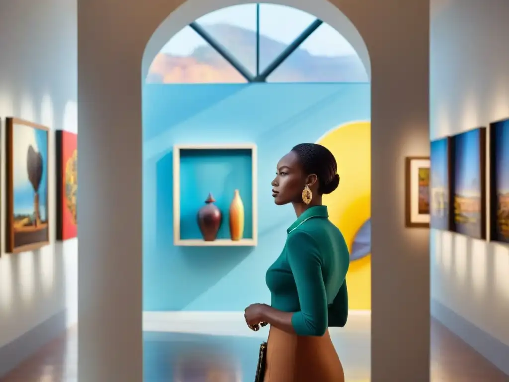 Una galería de arte bulliciosa en África, con obras vibrantes que reflejan las civilizaciones africanas en la escena artística